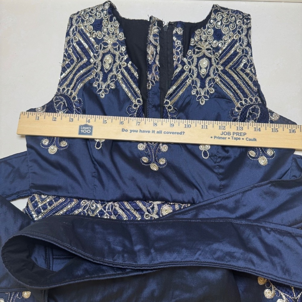 Custom Silk Navy Blue Embroidered High Low Midi Dress with Sequin Accents V-Neck - Picture 7 of 11